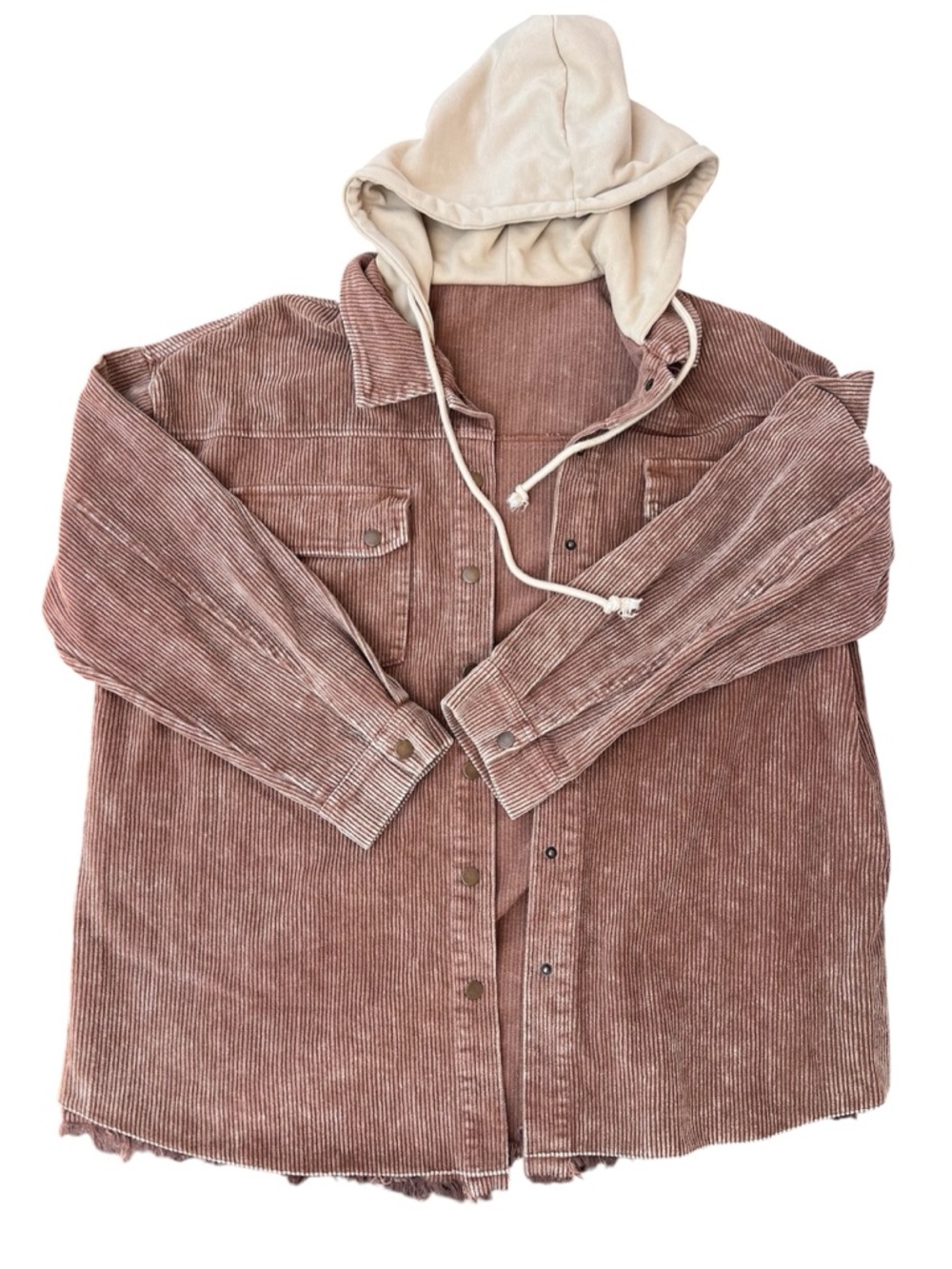 Corduroy Shacket with Attached Hoodie - brown and Cream
